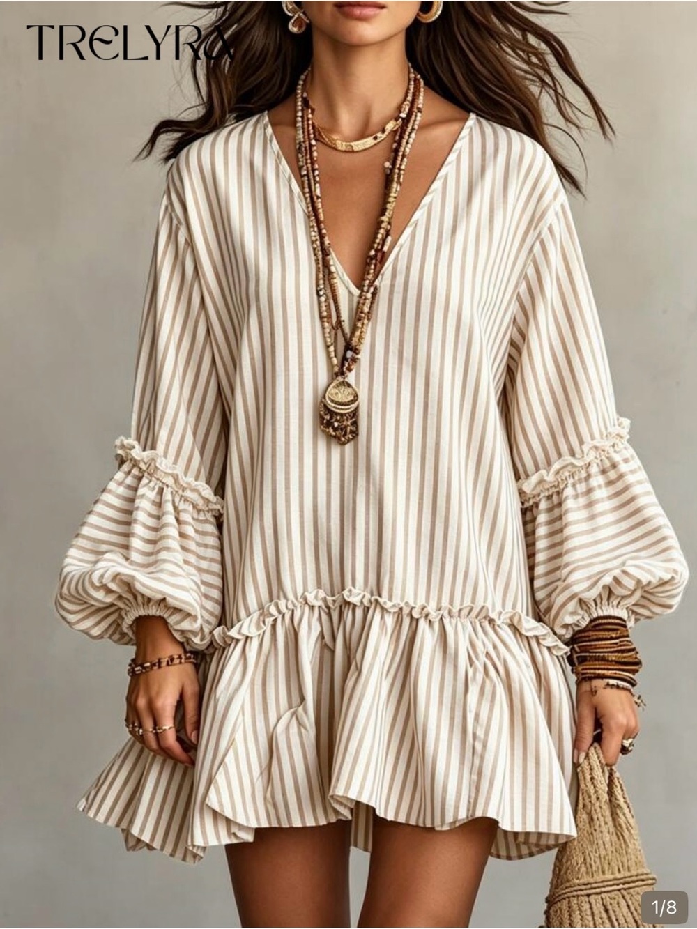 SHEIN Cream & Beige Striped V-Neck Bell-Sleeve Ruffle Mini Dress